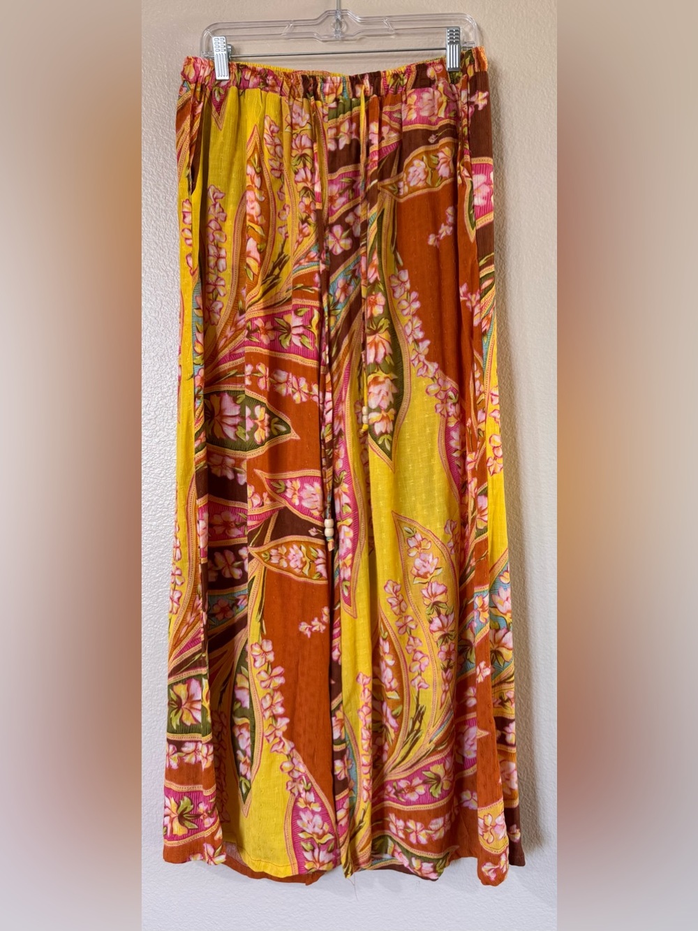 Haute Hippie Flora Print Palazzo Pants Yellow Orange Pink Wide Leg Sz L